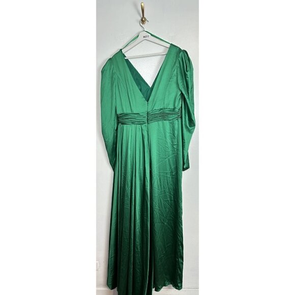 MAC DUGGAL Puff Sleeve Satin Faux Wrap Gown in Emerald Green Size US 14 NWT - Picture 8 of 12